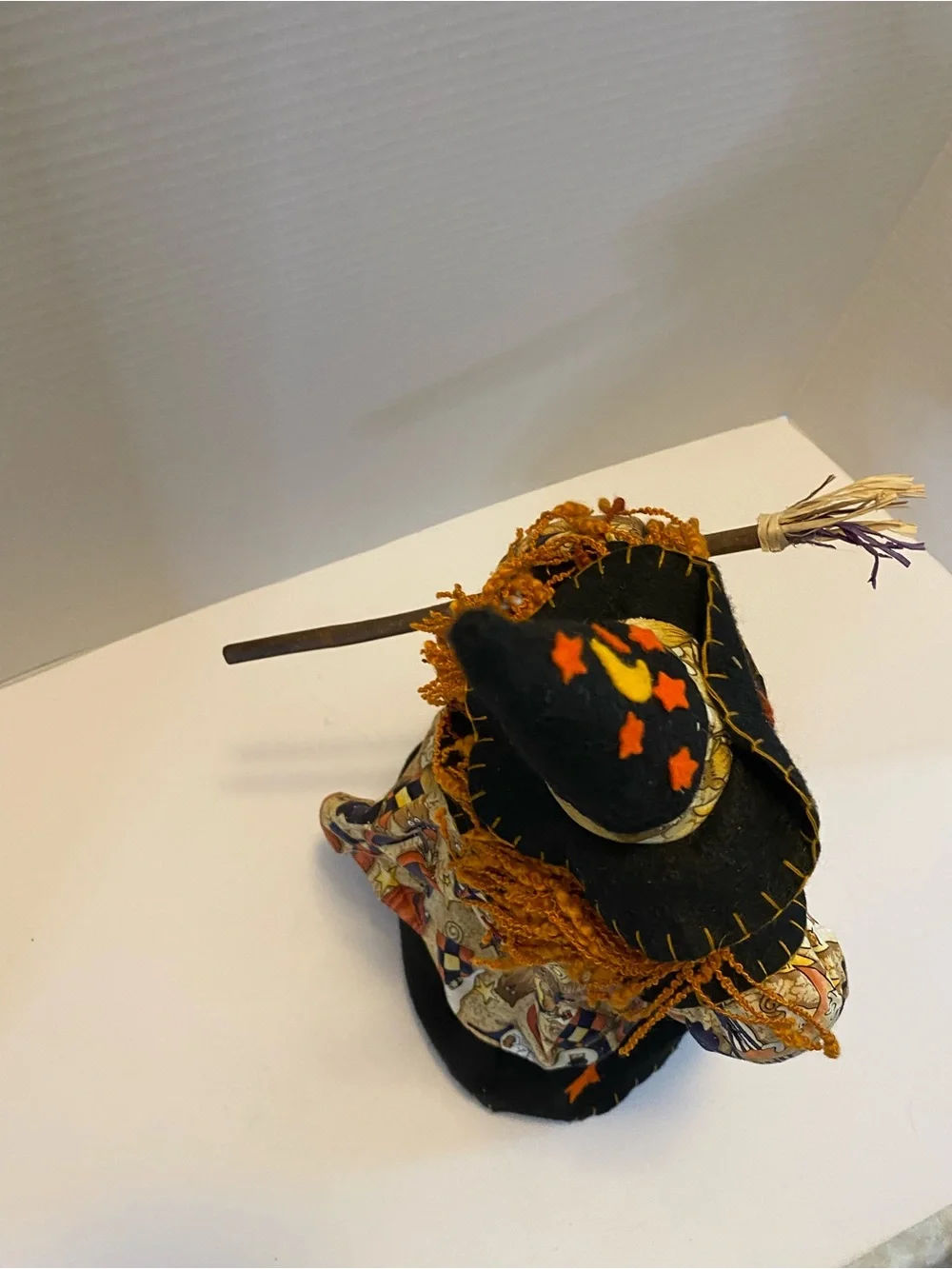 Vintage Witch With Broom Fabric Orange And Black Weighted Bottom Prima Creations